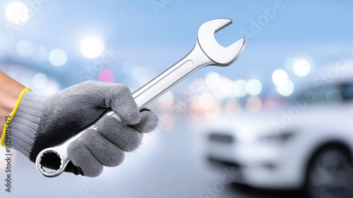 Wallpaper Mural Hand holding a shiny wrench in gray gloves, with blurred automotive background, showcasing the essence of mechanical work and craftsmanship in a professional environment Torontodigital.ca