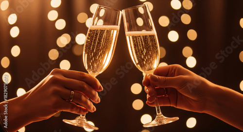 Close-up of two hands clinking champagne glasses in a toast