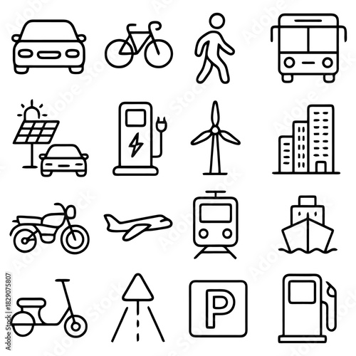 Transportation Icons: A collection of various transportation mode icons, showcasing a range of vehicles and elements related to movement and transit. 