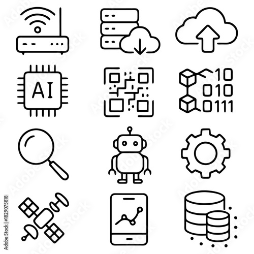 Technological Icons Collection: A curated collection of modern technological icons. Featuring essential elements such as AI chip, router, satellite and more.