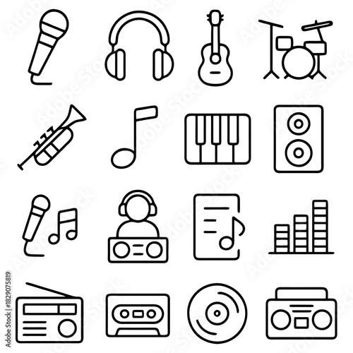 Musical Harmony Icons: A collection of musical instrument line icons, showcasing a variety of musical elements.