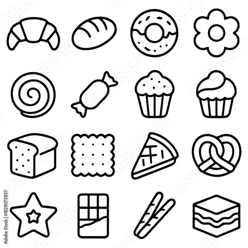 Sweet Selection: A delightful assortment of baked goods and confections, featuring iconic treats such as croissants, donuts, cupcakes, bread, and more.