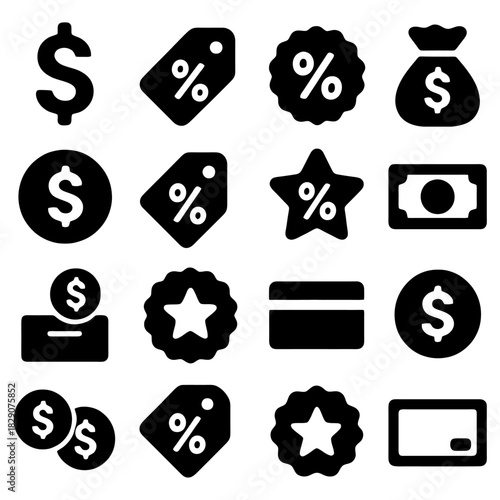 Money and Discount Icon: A collection of various money and discount icons, offering a versatile visual representation for various financial concepts. 
