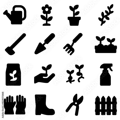 Garden Tools and Elements Silhouette: A comprehensive collection of gardening tools, each in a sleek silhouette, ready to cultivate the beauty of nature and aid in the process of blossoming growth.
