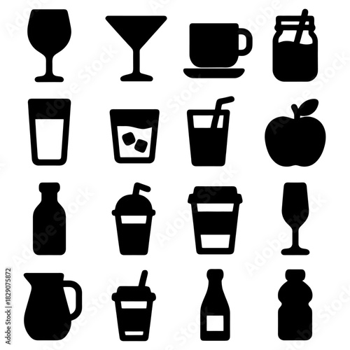 Beverage Icons Compilation: A collection of various beverage icons, offering a diverse array of shapes and silhouettes, perfect for visual representations of drinks.