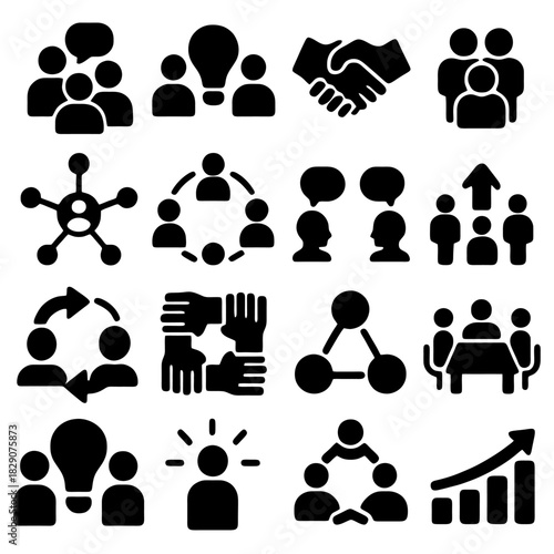 Icons of Collaboration and Unity: A compilation of minimalist icons, symbolizing key aspects of collaboration, teamwork, and the interconnectedness of people in a business context.