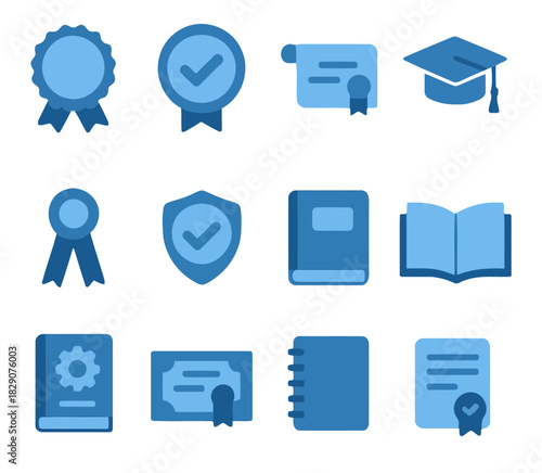 Academic Icons: A collection of educational icons in varying shades of blue, representing academic excellence, achievement, and learning. The set includes a diploma, graduation cap, book and more.
