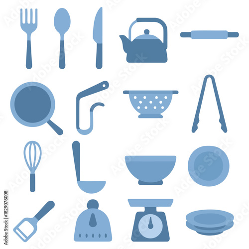 Kitchen Utensil Array: A comprehensive collection of kitchen tools, meticulously arranged, representing essential equipment for culinary activities.