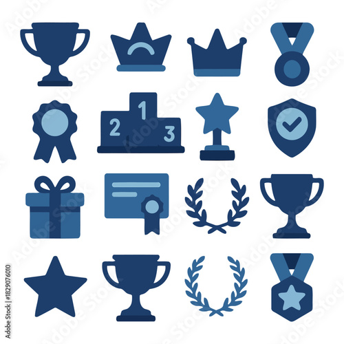 Symbol of Achievement: A curated selection of icons symbolizing success, victory, and the rewards of hard work. The assortment includes trophies, crowns, medals, and other emblems of achievement.