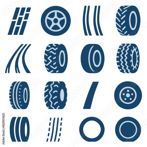 Tire Tracks and Wheels: A collection of various tire track patterns and wheel designs, symbolizing transportation and automotive.