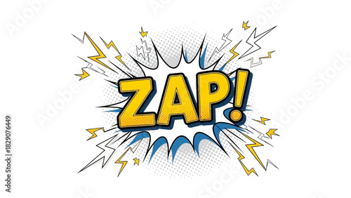 Comic book style illustration of the word ZAP with lightning bolts and explosion.