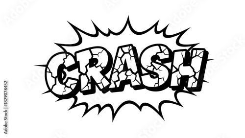 Comic book style crash illustration with bold black lines and cracked text.