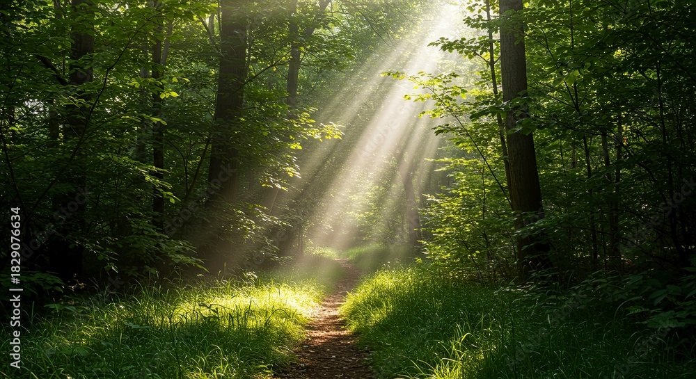Obraz premium Sunlight streaming through forest trees creating atmospheric light