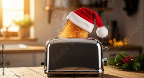 Toast popping from toaster with christmas santa hat