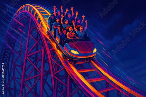 Exciting roller coaster ride with joyful passengers experiencing thrill and exhilaration as they ascend high above the amusement park illuminated by vibrant colors in dynamic motion