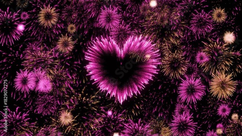 A beautiful explosion of romantic pink fireworks forming a perfect heart shape on a transparent, isolated background for festive events