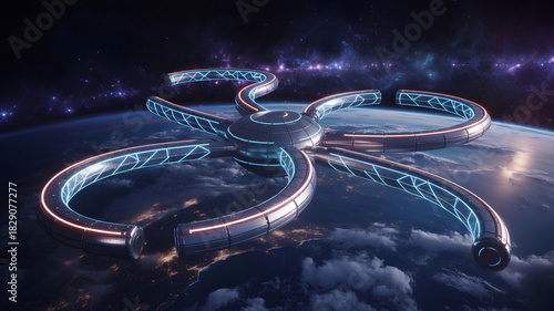 Fototapeta Naklejka Na Ścianę i Meble -  Futuristic space station orbiting Earth with a galaxy backdrop view.