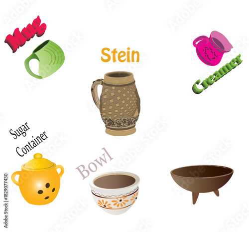 The most beautiful earthenware includes milk and sugar bowls, mugs, and cream bowls.ai