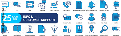 Info and customer support icon set. Thin line editable stroke icons for information help desks, call centers, online assistance, technical support, data protection, faq and qa