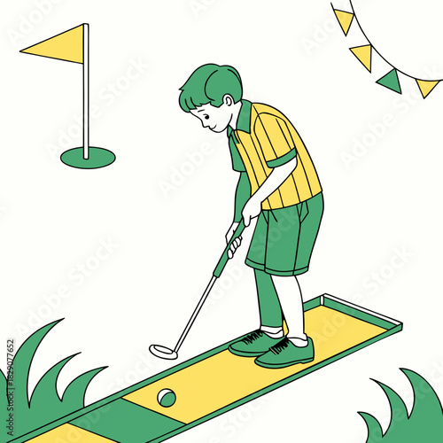 Boy playing miniature golf with a putter and ball