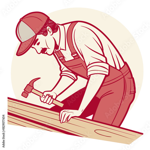 Carpenter hammering a nail into wood with a tool