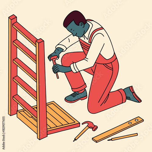 Carpenter repairing a wooden chair leg with tools