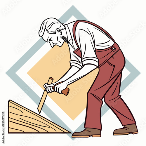 Elderly man carving wood with a chisel