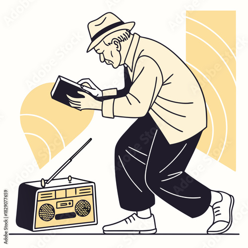 Elderly man carefully tuning a vintage radio