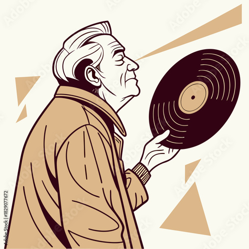 Elderly man holding a vinyl record listening to music