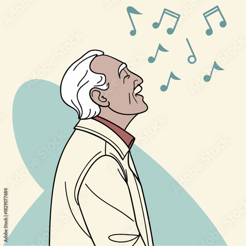 Elderly man whistling a tune with musical notes