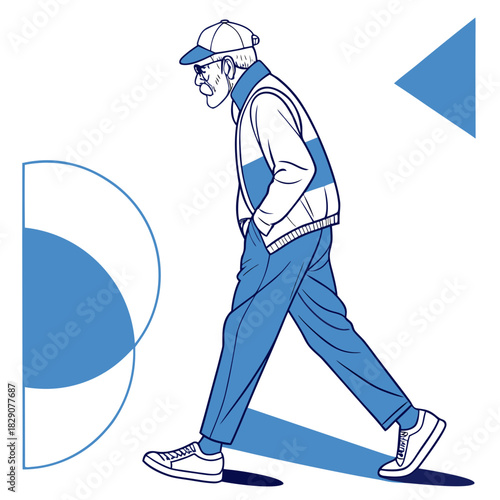 Elderly man wearing a hat and jacket walking