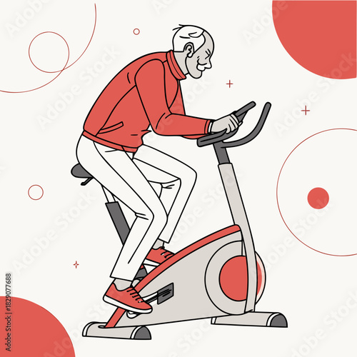 Elderly man riding a stationary exercise bike