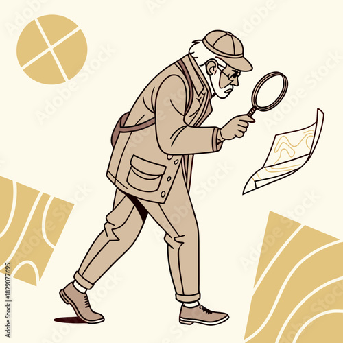 Elderly man with magnifying glass reading a map