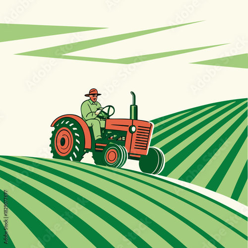 Farmer drives tractor through green fields