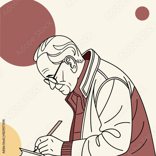 Elderly man writing with pen on paper in simple art style