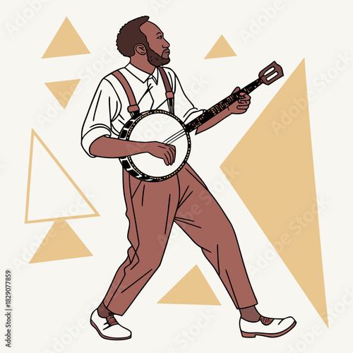 Man playing banjo in a smooth geometric style illustration