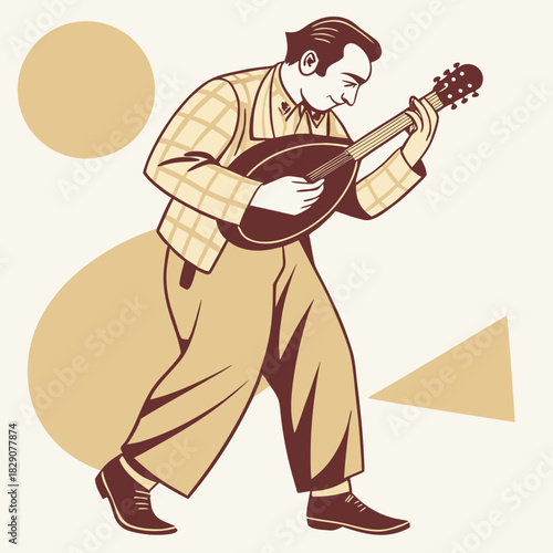 Man playing mandolin illustration with smooth geometric shapes