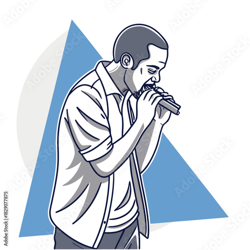 Man playing harmonica in geometric art illustration