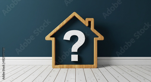 House-shaped frame with a question mark, representing real estate uncertainty