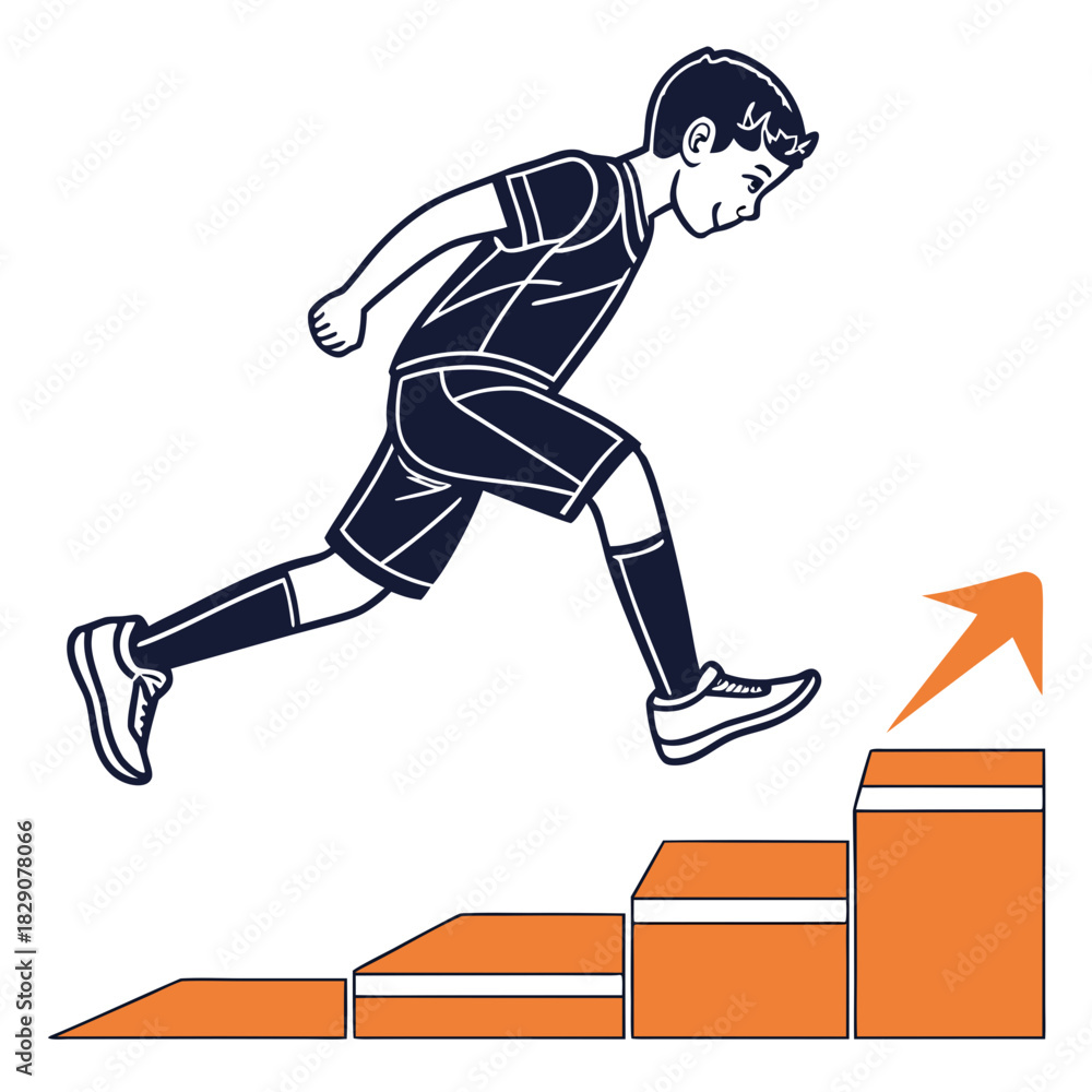 Fototapeta premium Young boy jumps over orange steps in athletic training illustration