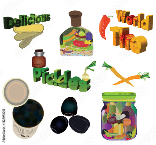 The pickle table, we encounter the taste and color of vegetables like carrots, peppers, cucumbers, and olives.eps