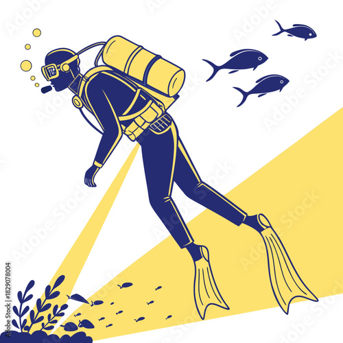 Scuba diver swims with fish in bright underwater light