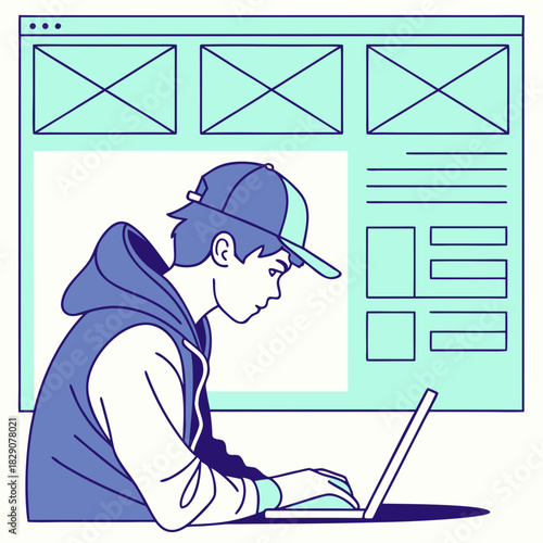 Teenager boy designing a simple website layout on his laptop