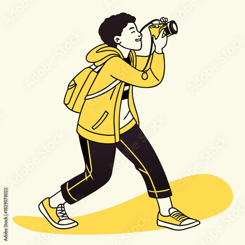 Teenage boy taking picture with camera and backpack illustration