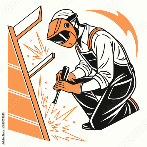 Welding worker in protective gear joining metal