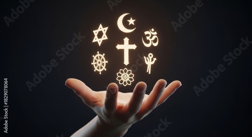 Hand holding symbols of different religions, representing interfaith dialogue concept.