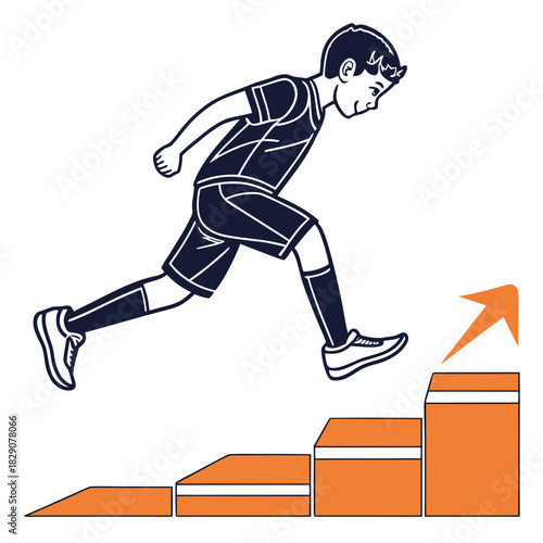 Young boy jumps over orange steps in athletic training illustration