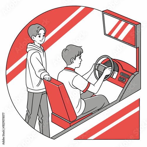 Young boy learning to drive in a simulator game with instructor