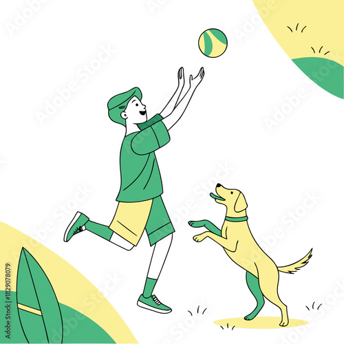 Young boy playing catch with a dog outdoors