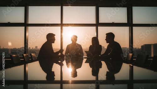 Business Team Meeting Silhouette of Professionals in a Boardroom with Sunset View